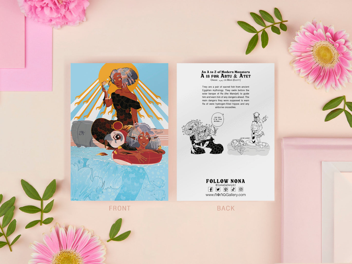 A double sided full colour A5 art print, the front side depicts the monsters from Egyptian mythology Abtu & Atet the sacred fish mermaids, and the back side is in black and white showing test information on the monster as well as a small comic.