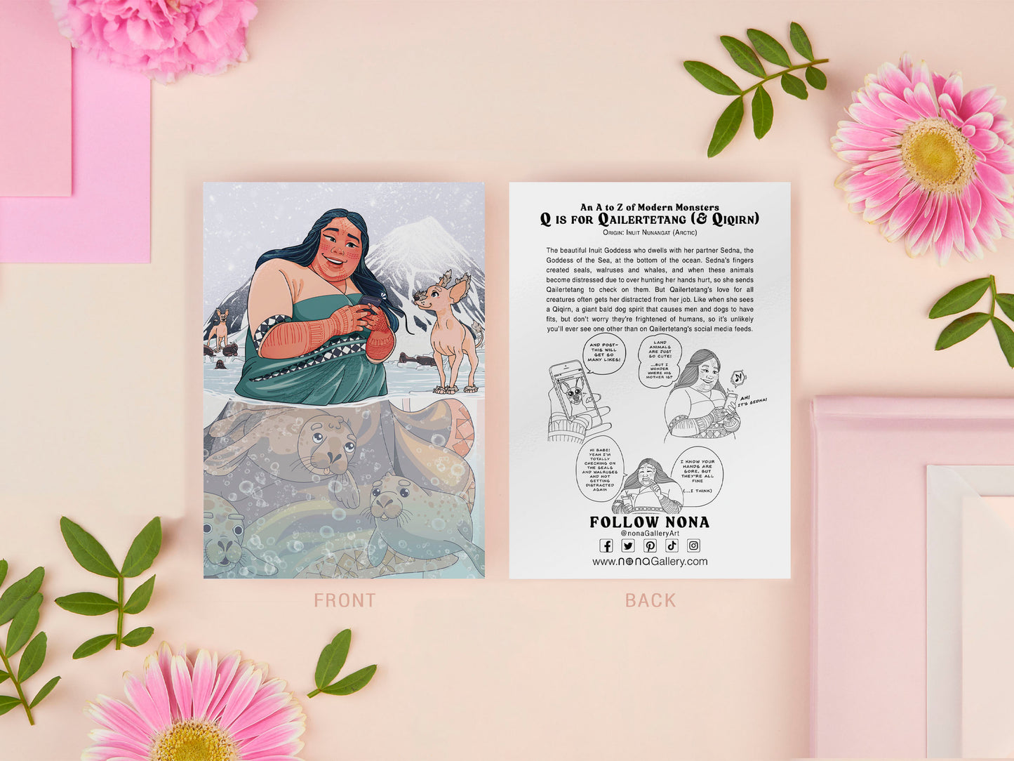 A double sided full colour A5 art print, the front side depicts the monster from Inuit mythology the goddess Qailertetang, and the back side is in black and white showing test information on the monster as well as a small comic.