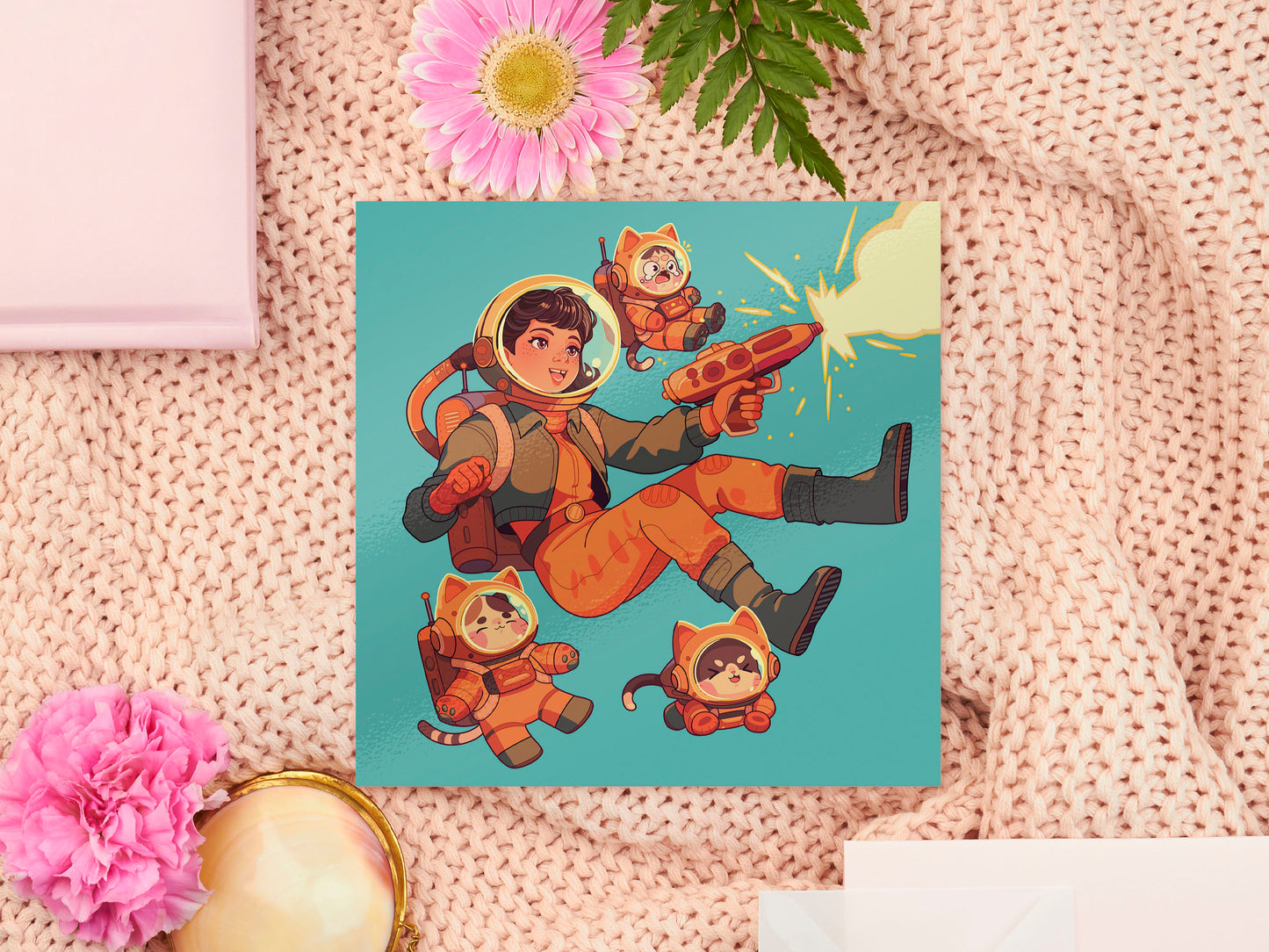 Square art print depicting a young astronaut firing a ray gun, while three adorable cats in spacesuits react.