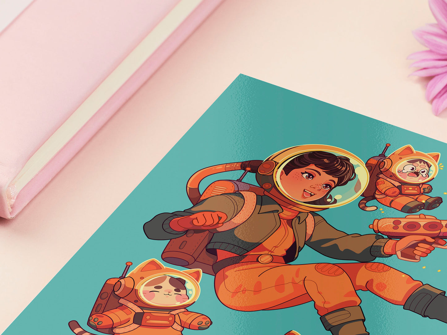 Square art print depicting a young astronaut firing a ray gun, while three adorable cats in spacesuits react.