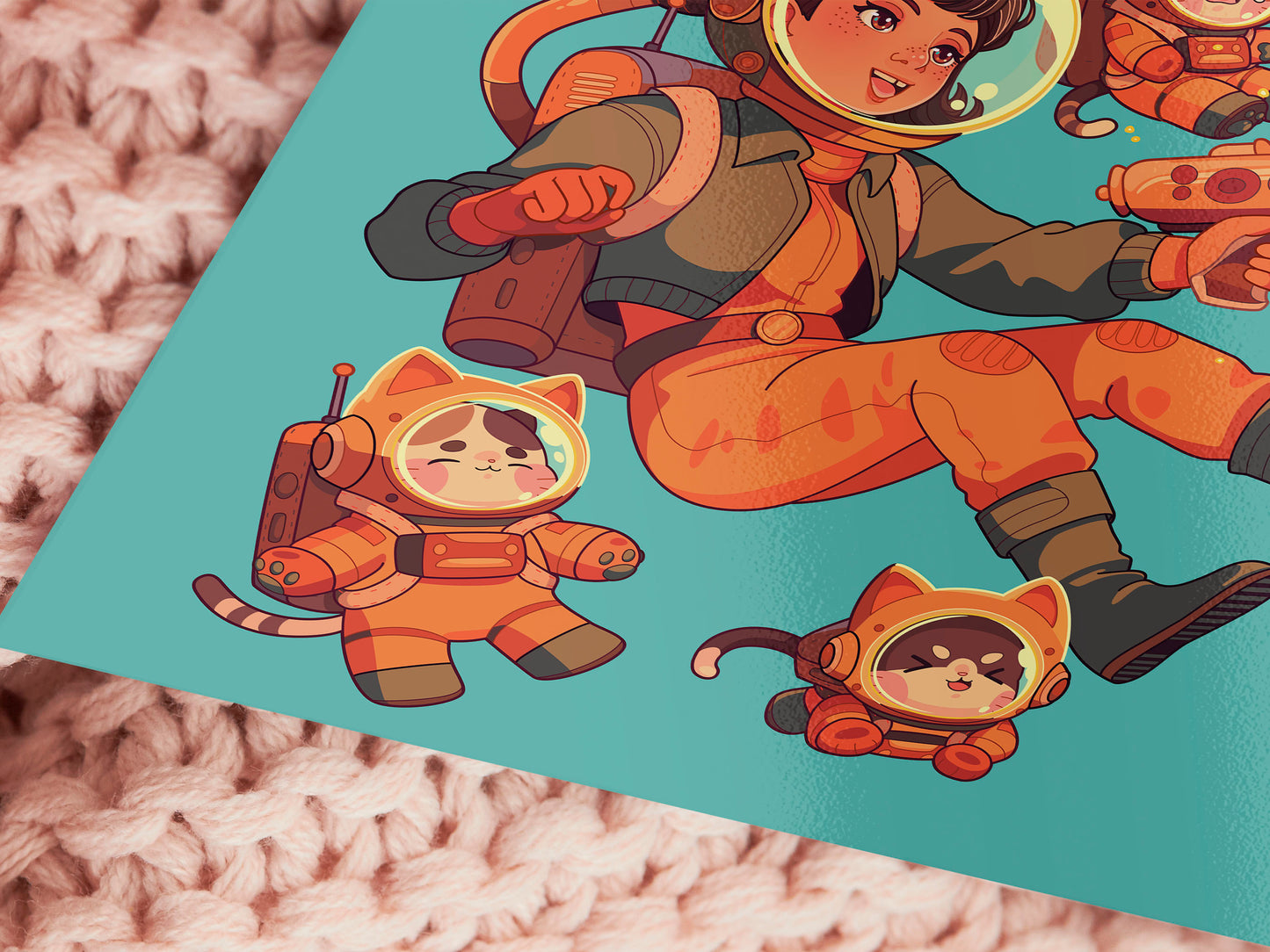 Square art print depicting a young astronaut firing a ray gun, while three adorable cats in spacesuits react.