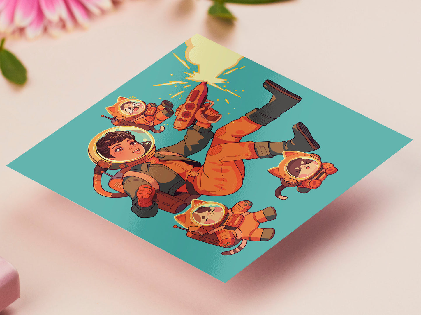 Square art print depicting a young astronaut firing a ray gun, while three adorable cats in spacesuits react.