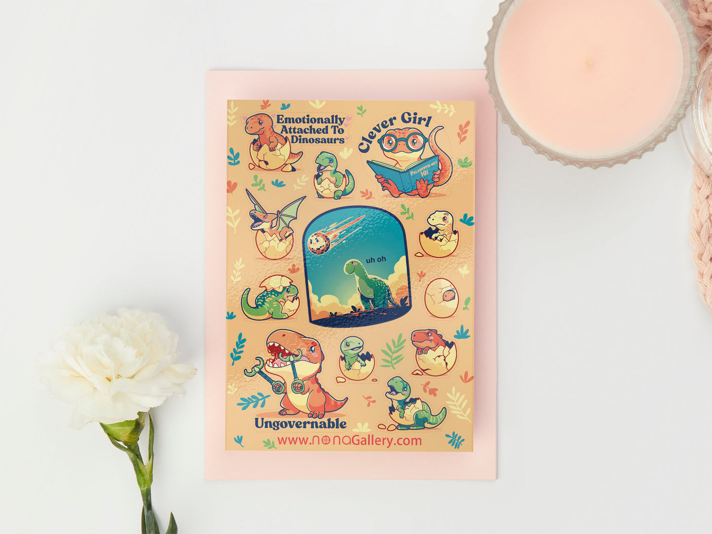 Cute gloss vinyl waterproof sticker sheet of multiple cute chibi baby dinosaurs with multiple relatable and funny quotes