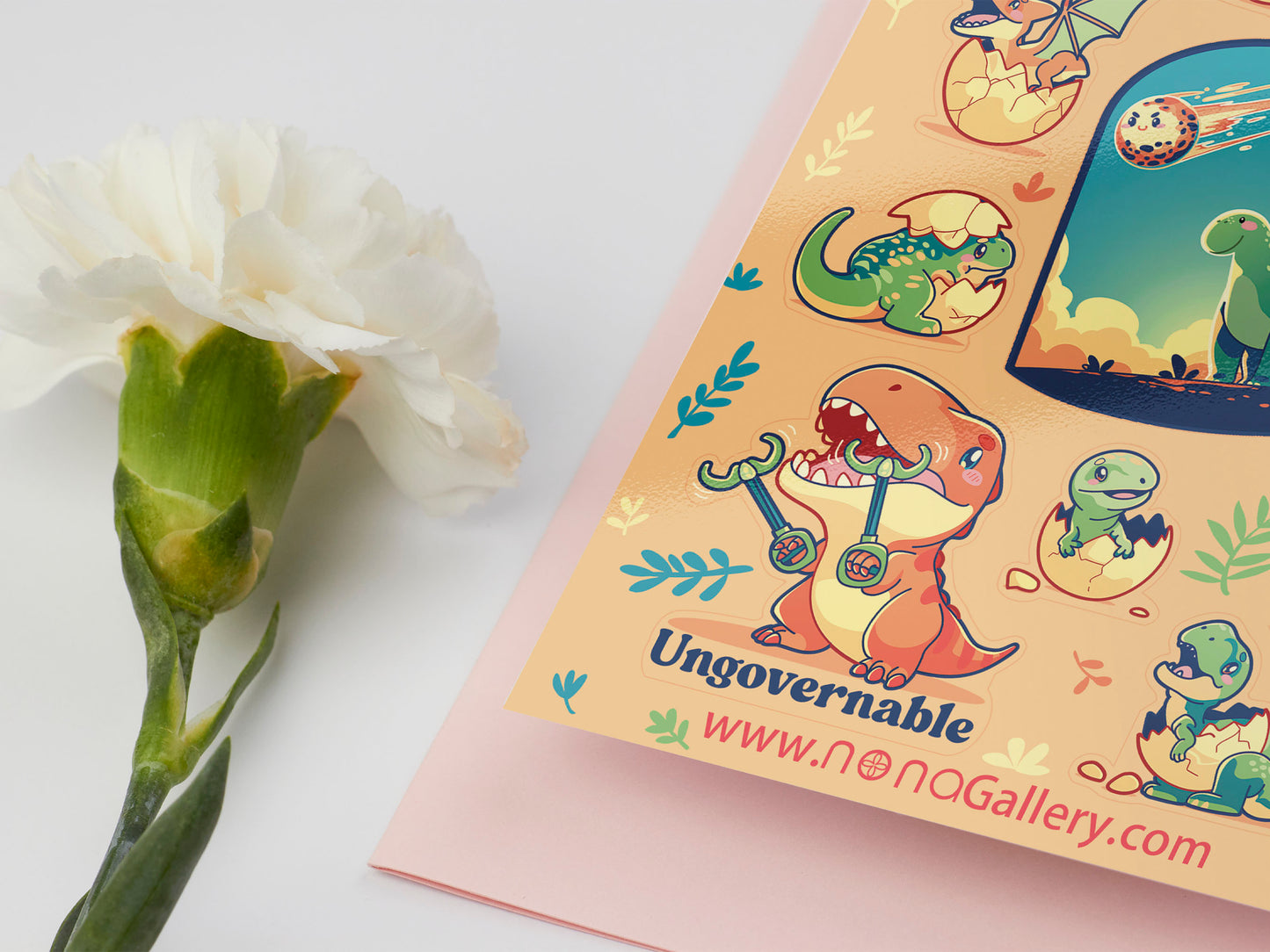 Cute gloss vinyl waterproof sticker sheet of multiple cute chibi baby dinosaurs with multiple relatable and funny quotes