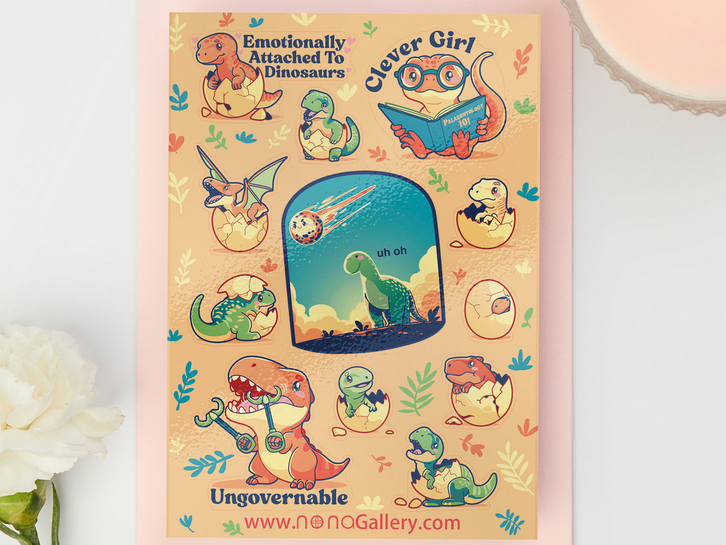 Cute gloss vinyl waterproof sticker sheet of multiple cute chibi baby dinosaurs with multiple relatable and funny quotes