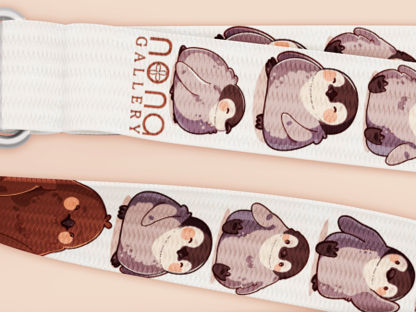 Cute full legth white lanyard with a double sided baby emperor penguin and Pesto pattern and silver swivel hook clasp.