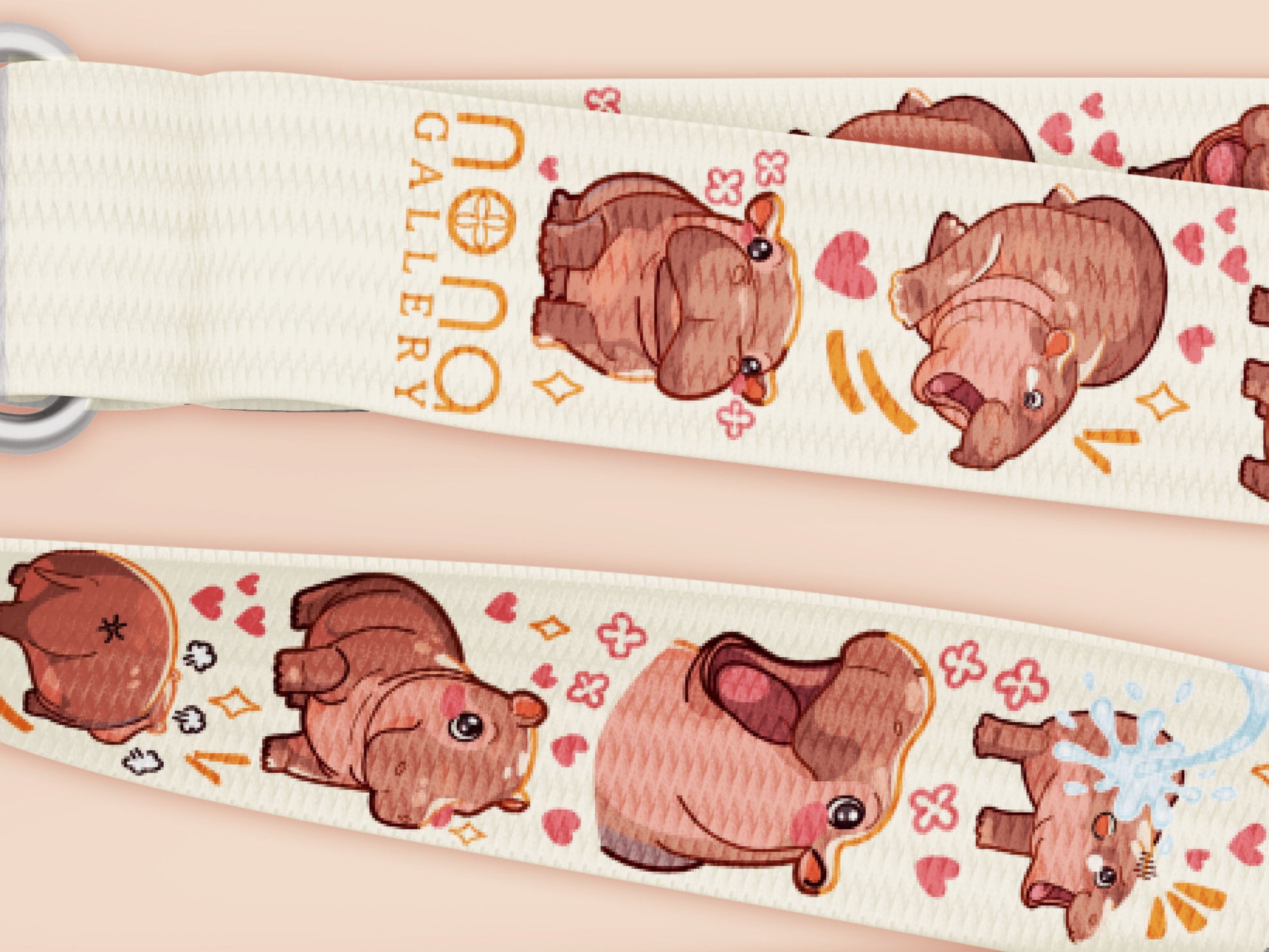Cute full legth white lanyard with a double sided baby pygmy hippo Moo Deng pattern and silver swivel hook clasp.