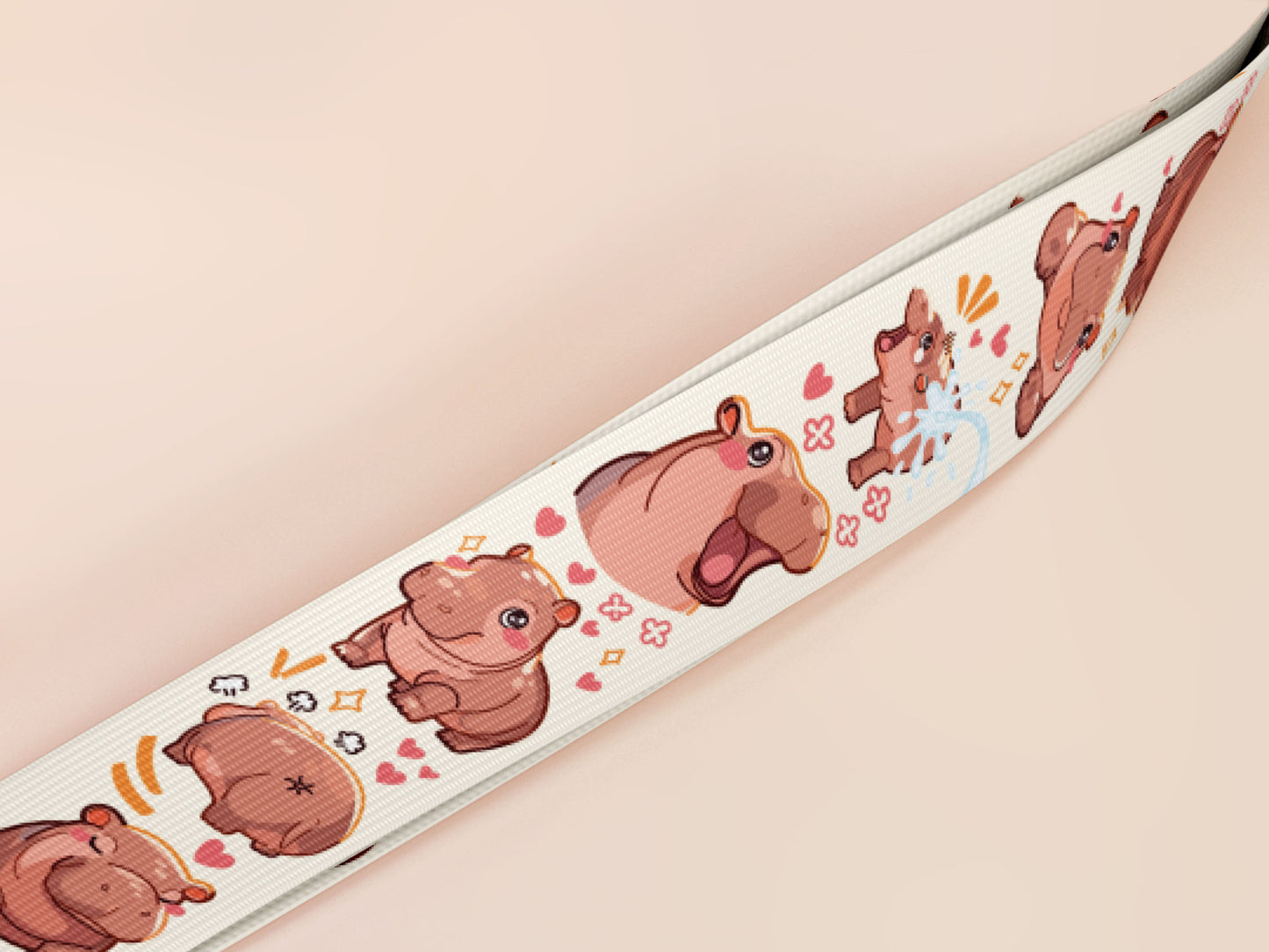 Cute full legth white lanyard with a double sided baby pygmy hippo Moo Deng pattern and silver swivel hook clasp.