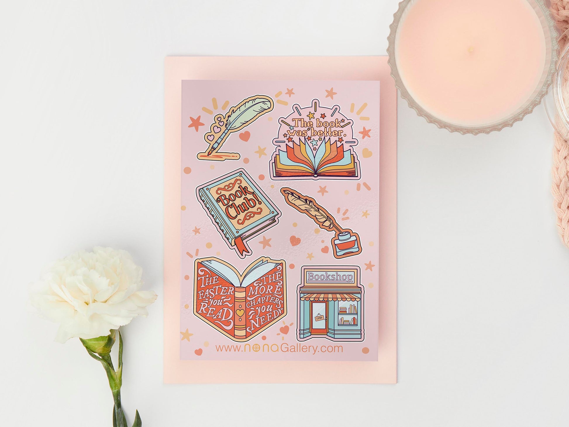 Large sticker sheet of digital illustration cartoon of books, bookshops, literature, writing, bookmarks, pen, and other assorted bookish and literature items