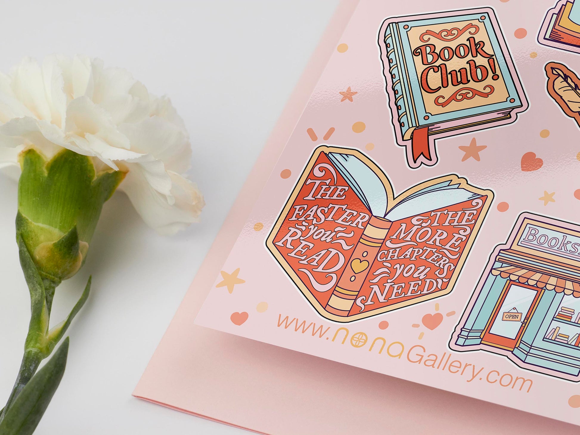 Large sticker sheet of digital illustration cartoon of books, bookshops, literature, writing, bookmarks, pen, and other assorted bookish and literature items