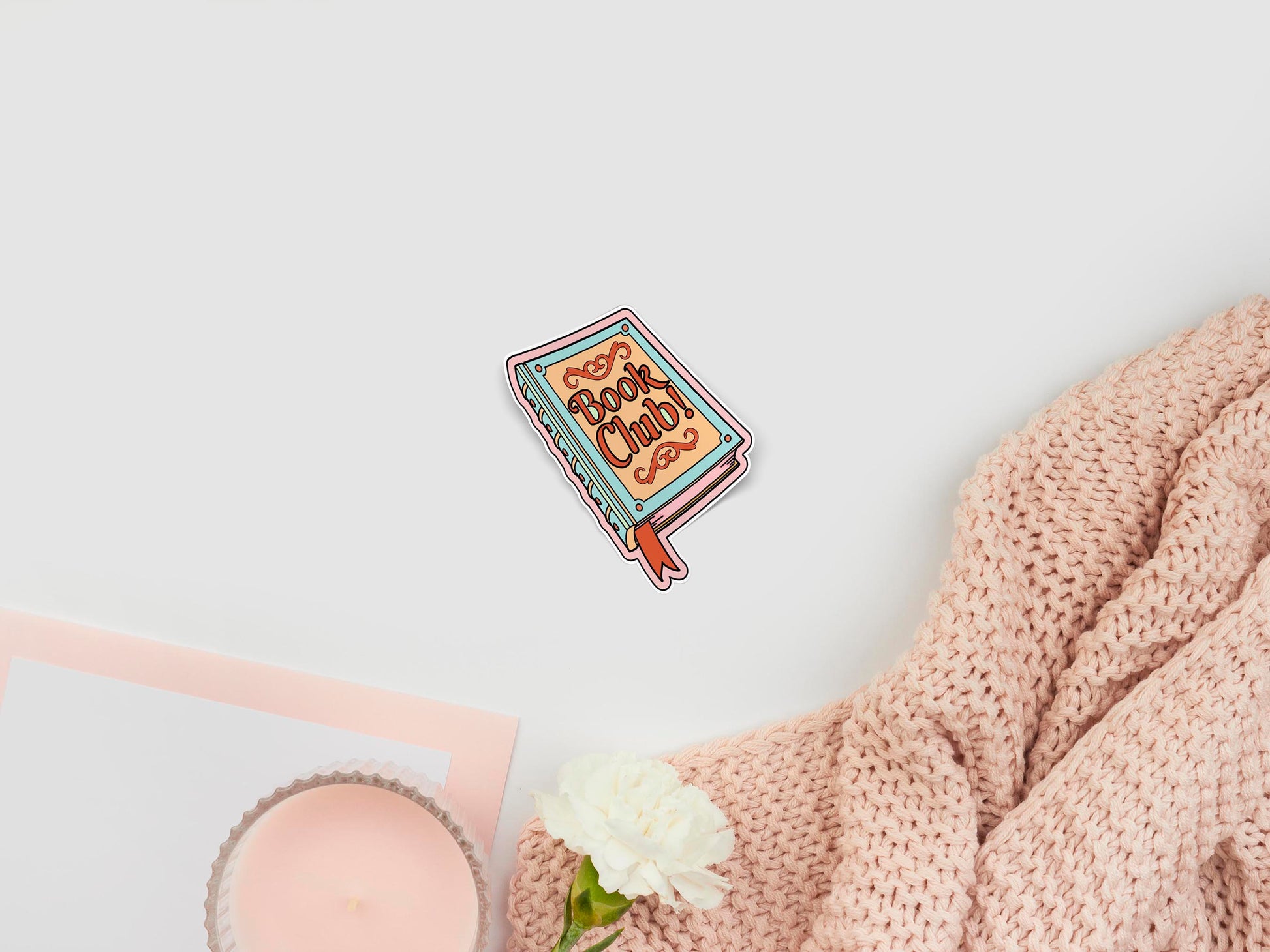 Large sticker of digital illustration cartoon of a cute closed book and bookmark that's cover reads Book Club