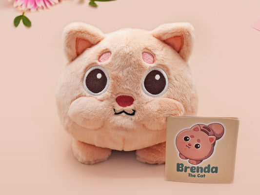 An adorable fluffy cat plushie toy with cute embroidered eyes, facial expression and applique stripes, with a hang tag describing the cat as Brenda.