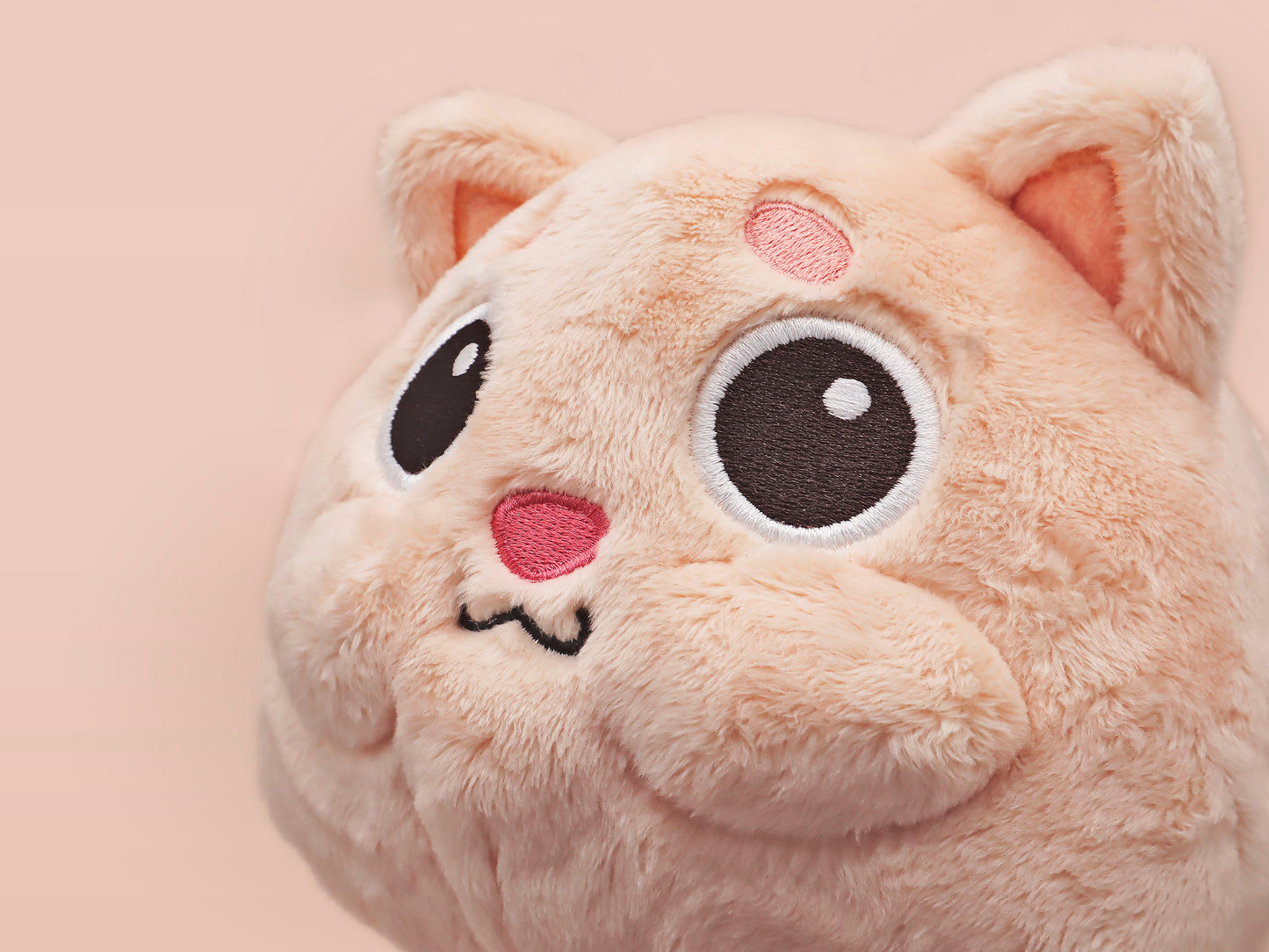 An adorable fluffy cat plushie toy with cute embroidered eyes, facial expression and applique stripes, with a hang tag describing the cat as Brenda.