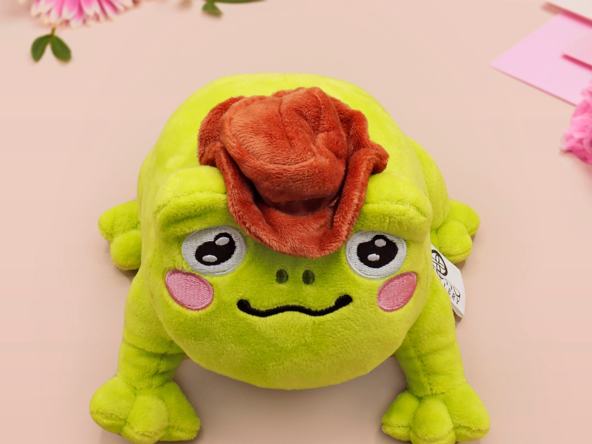 An adorable green frog plushie toy with cute embroidered eyes and facial expression, wearing a cowboy hat with a brown ribbon, and a hang tag describing the frog as Carl.
