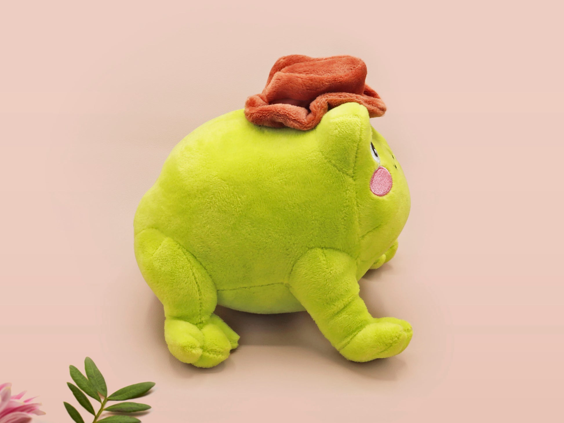 An adorable green frog plushie toy with cute embroidered eyes and facial expression, wearing a cowboy hat with a brown ribbon, and a hang tag describing the frog as Carl.
