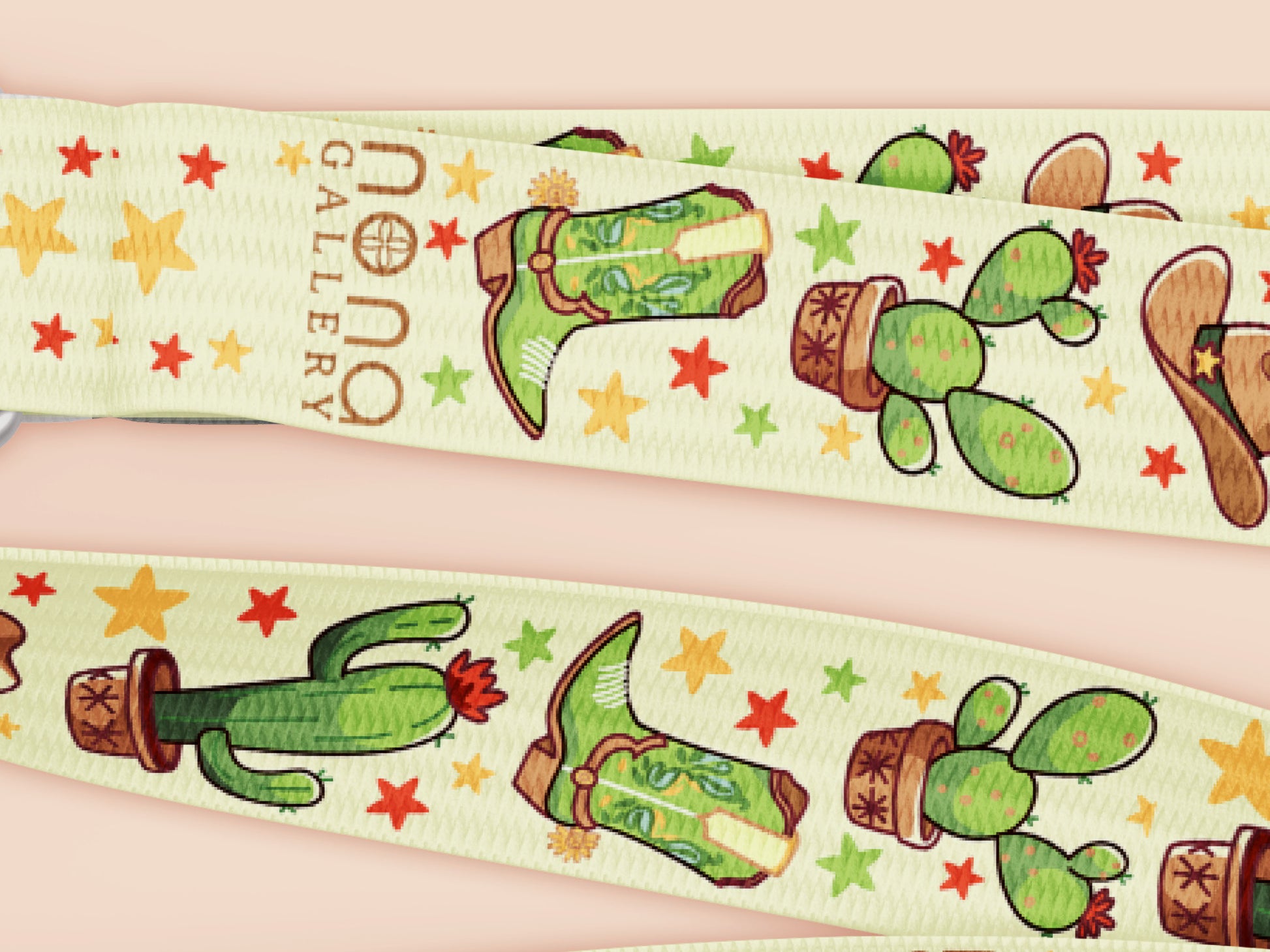 Cute full legth yellow and green lanyard with a double sided cowboy western and cactus themed pattern and silver swivel hook clasp.