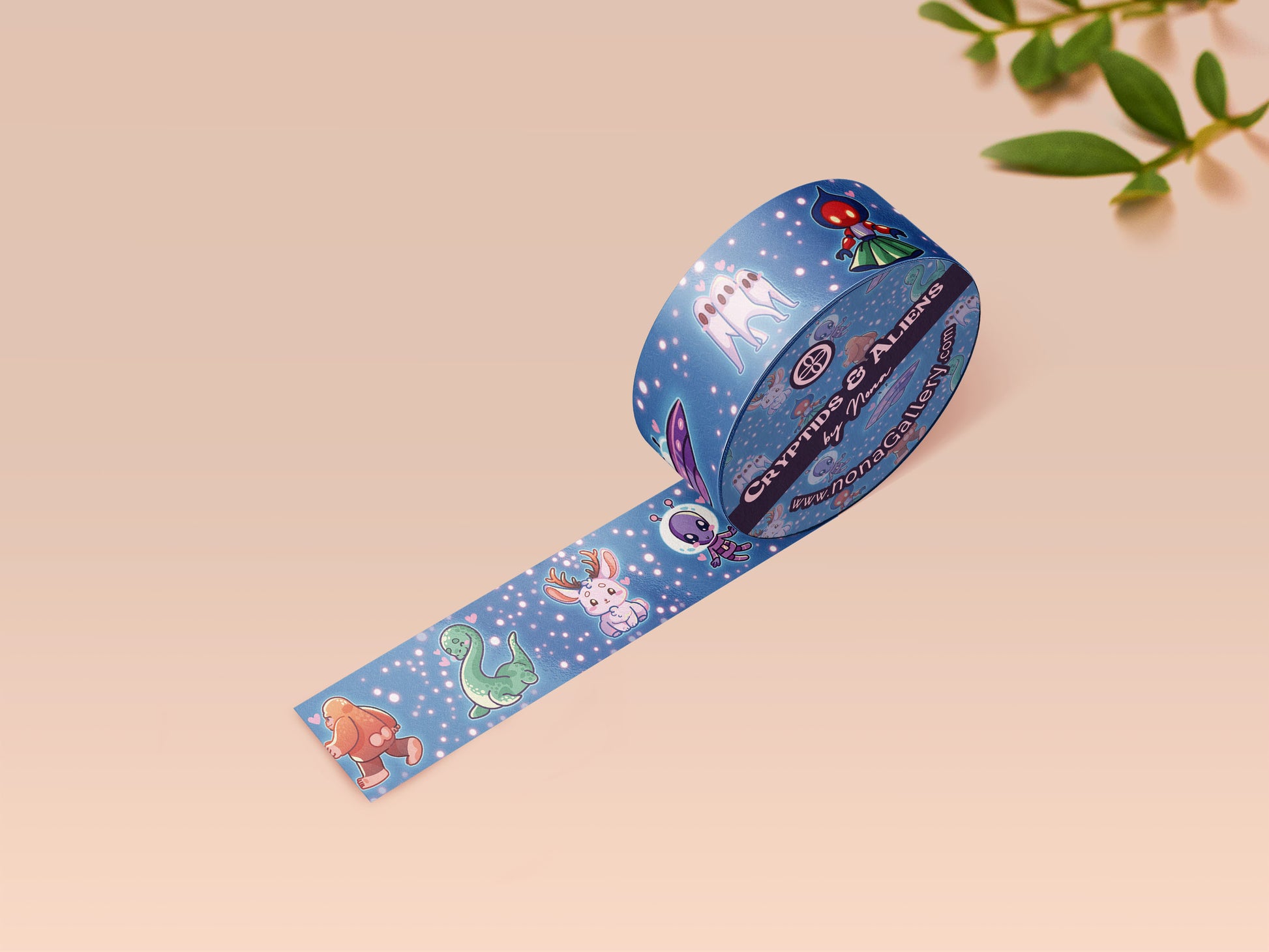 Cute blue cryptids and aliens pattern washi tape.