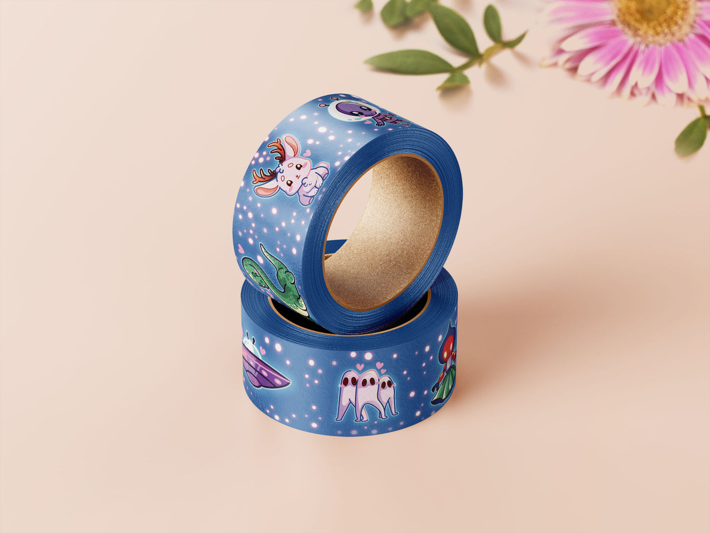 Cute blue cryptids and aliens pattern washi tape.
