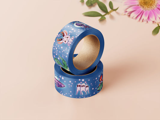 Cute blue cryptids and aliens pattern washi tape.