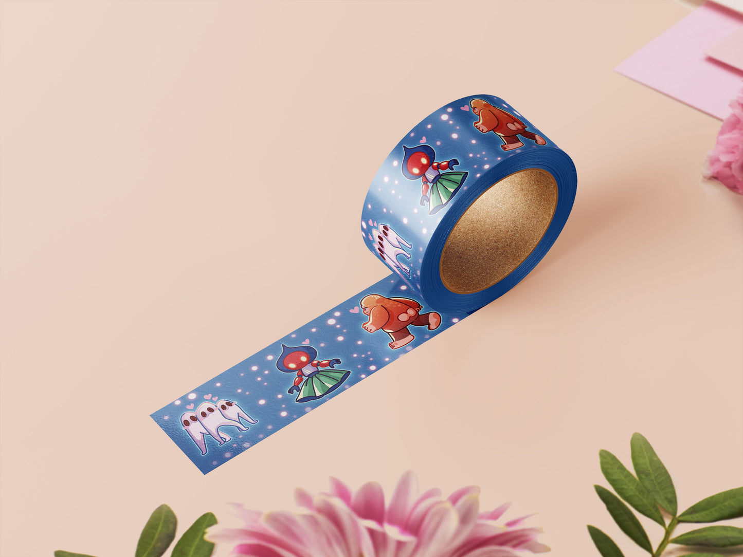 Cute blue cryptids and aliens pattern washi tape.