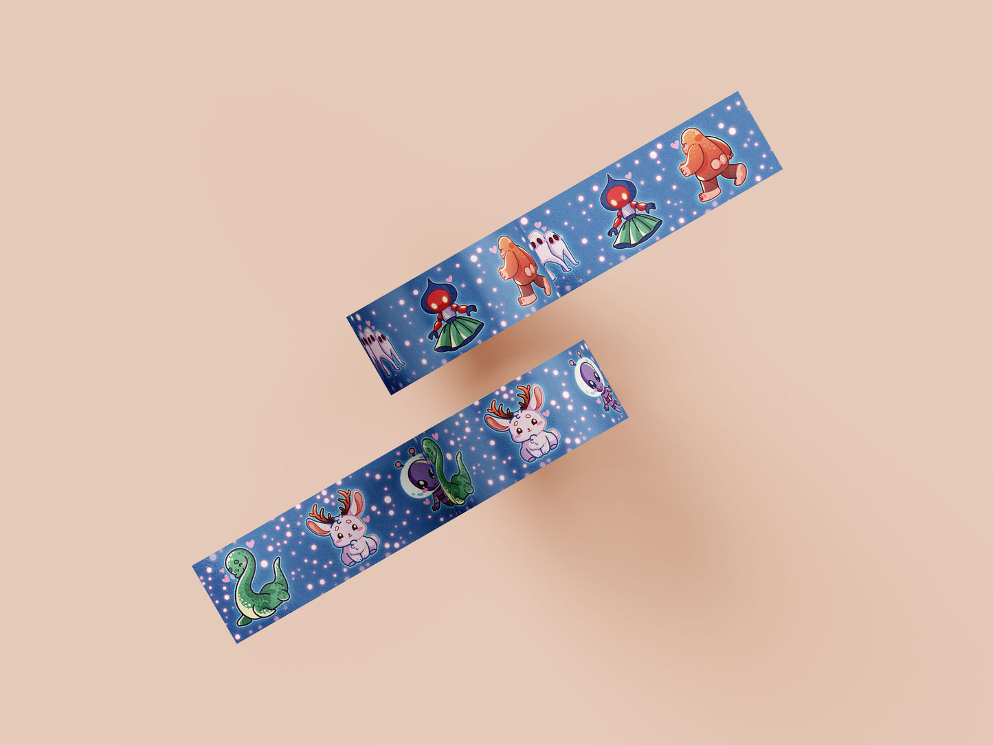 Cute blue cryptids and aliens pattern washi tape.