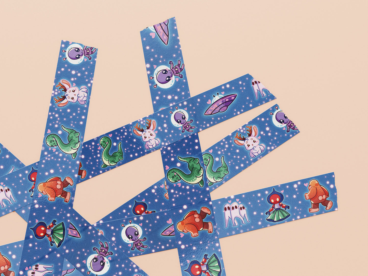 Cute blue cryptids and aliens pattern washi tape.