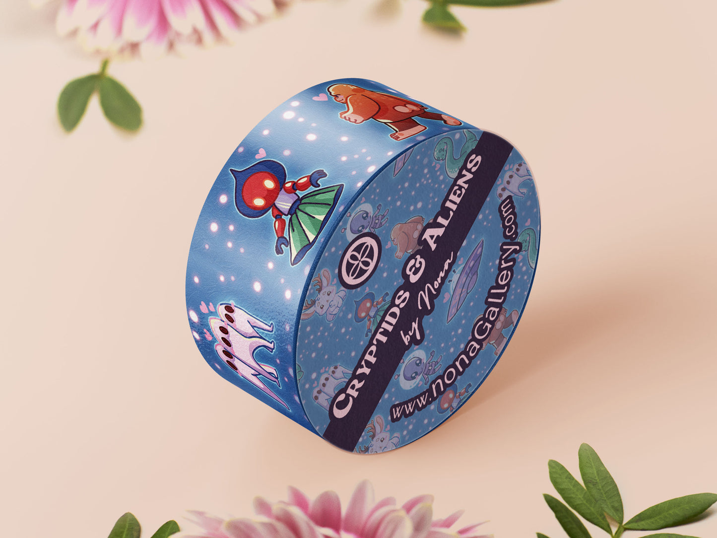 Cute blue cryptids and aliens pattern washi tape.