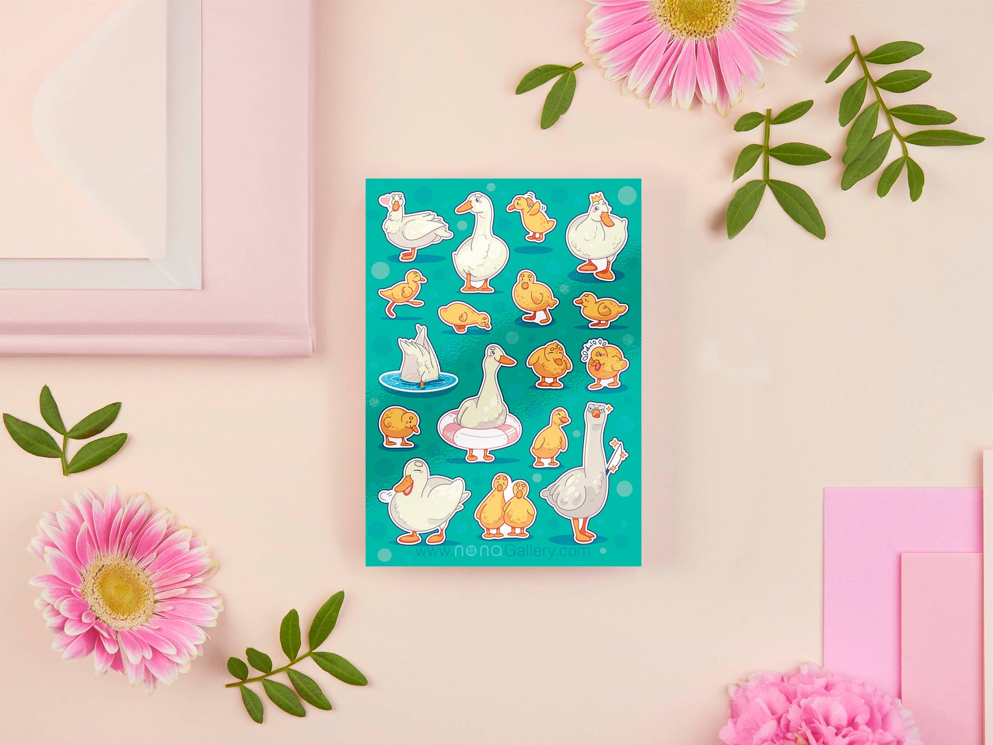 Large sticker sheet of digital illustrated cartoon ducks and ducklings in various poses and expressions