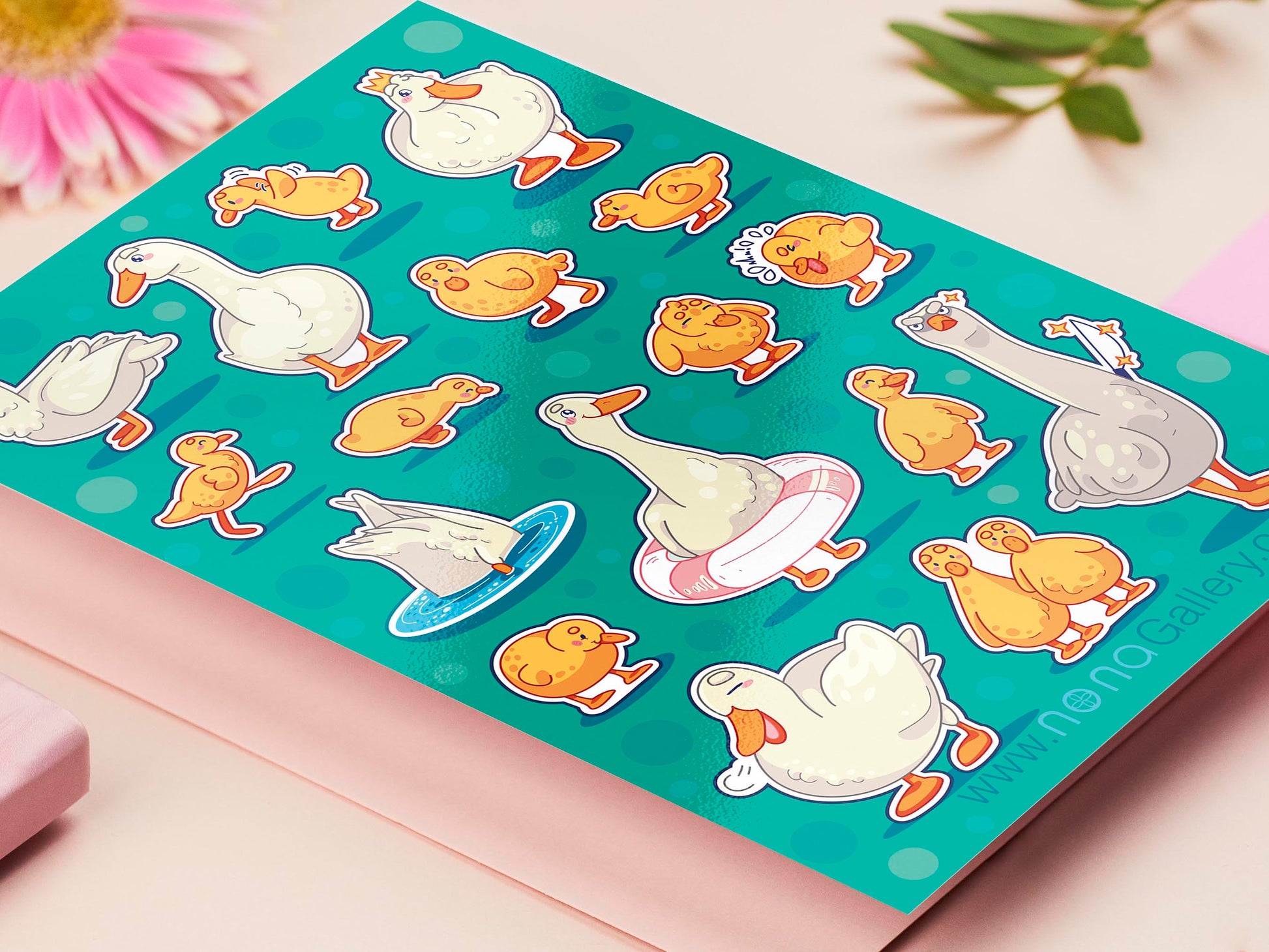 Large sticker sheet of digital illustrated cartoon ducks and ducklings in various poses and expressions