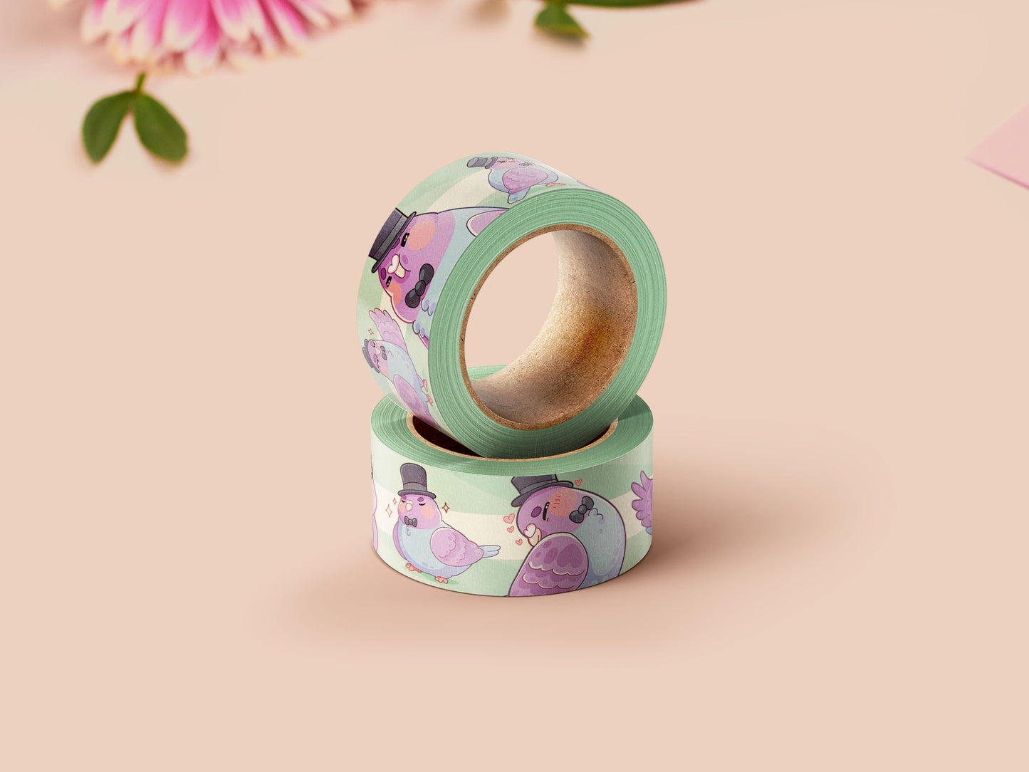 Decrotive washi tape with a cute pattern of different pigeons wearing top hats and bow ties.