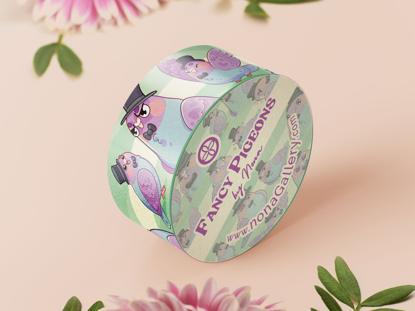Decrotive washi tape with a cute pattern of different pigeons wearing top hats and bow ties.
