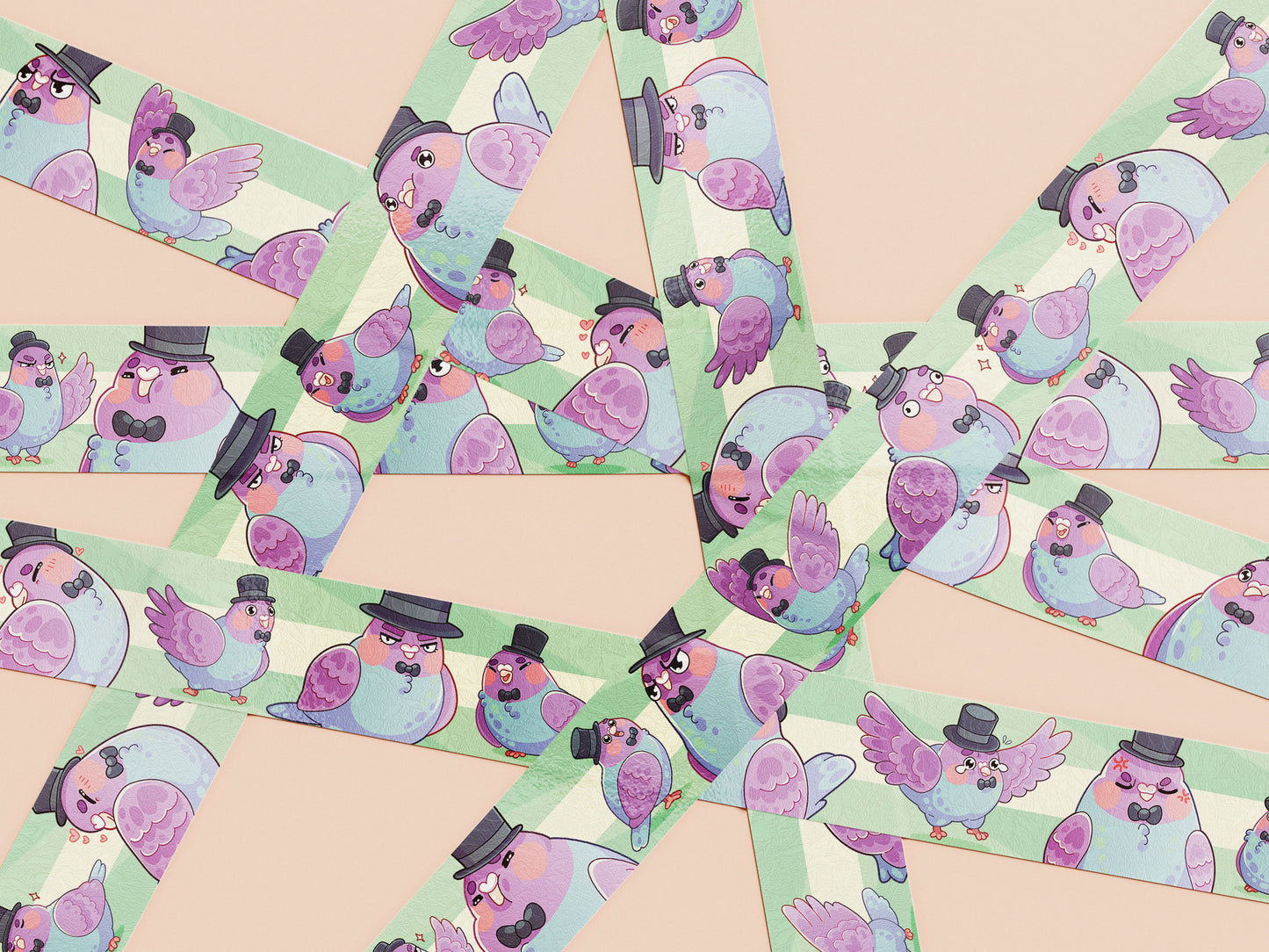 Decrotive washi tape with a cute pattern of different pigeons wearing top hats and bow ties.
