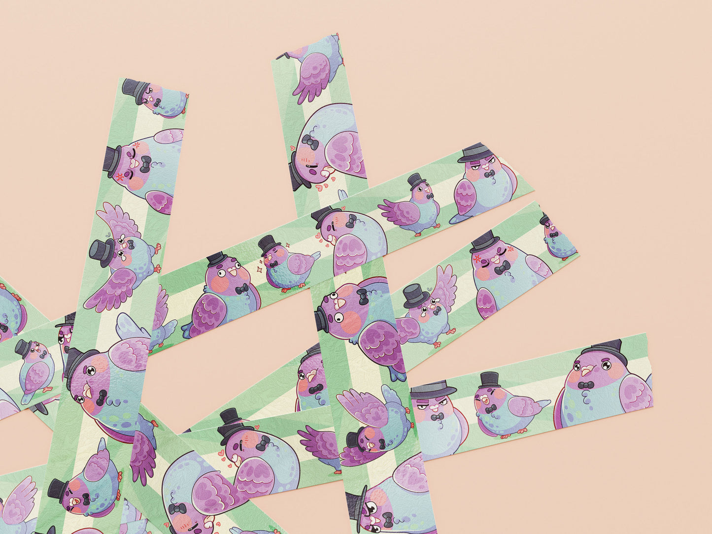 Decrotive washi tape with a cute pattern of different pigeons wearing top hats and bow ties.