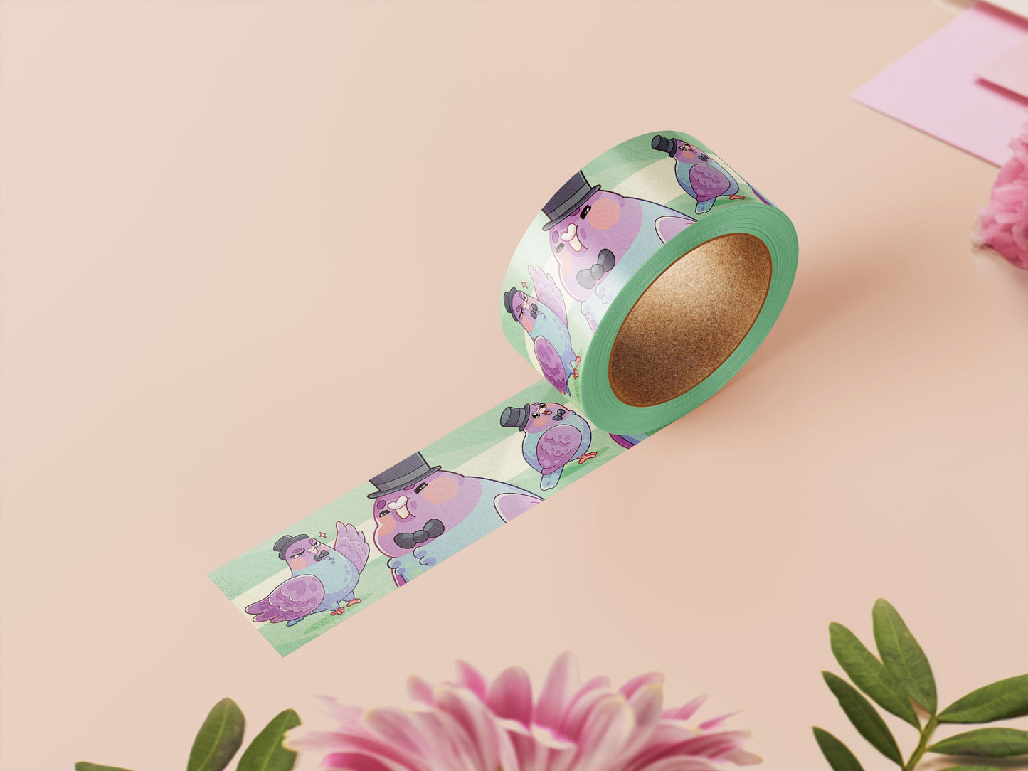 Decrotive washi tape with a cute pattern of different pigeons wearing top hats and bow ties.