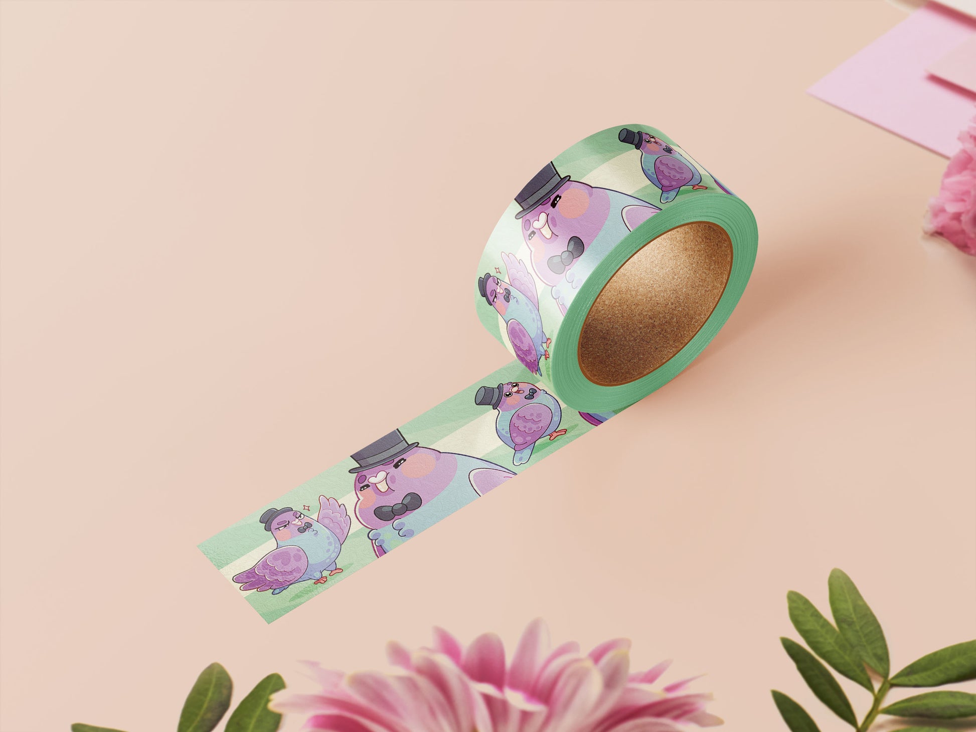 Decrotive washi tape with a cute pattern of different pigeons wearing top hats and bow ties.