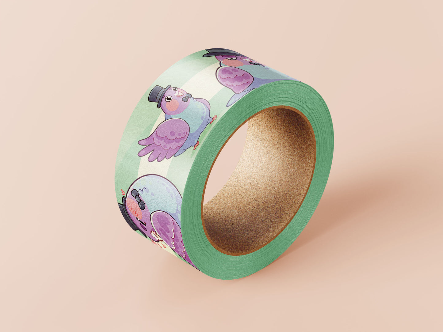 Decrotive washi tape with a cute pattern of different pigeons wearing top hats and bow ties.