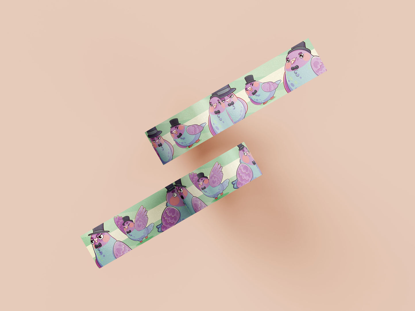 Decrotive washi tape with a cute pattern of different pigeons wearing top hats and bow ties.