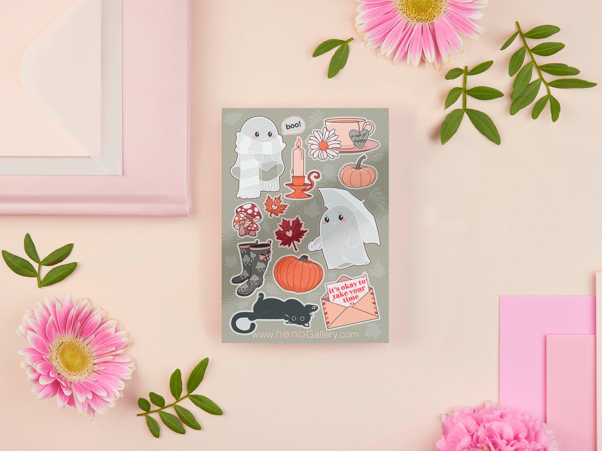 Large sticker sheet of digital illustration cartoon of ghosts, mushrooms, leaves, pumpkins, tea, wellington boots, black cats and other assorted autumn items