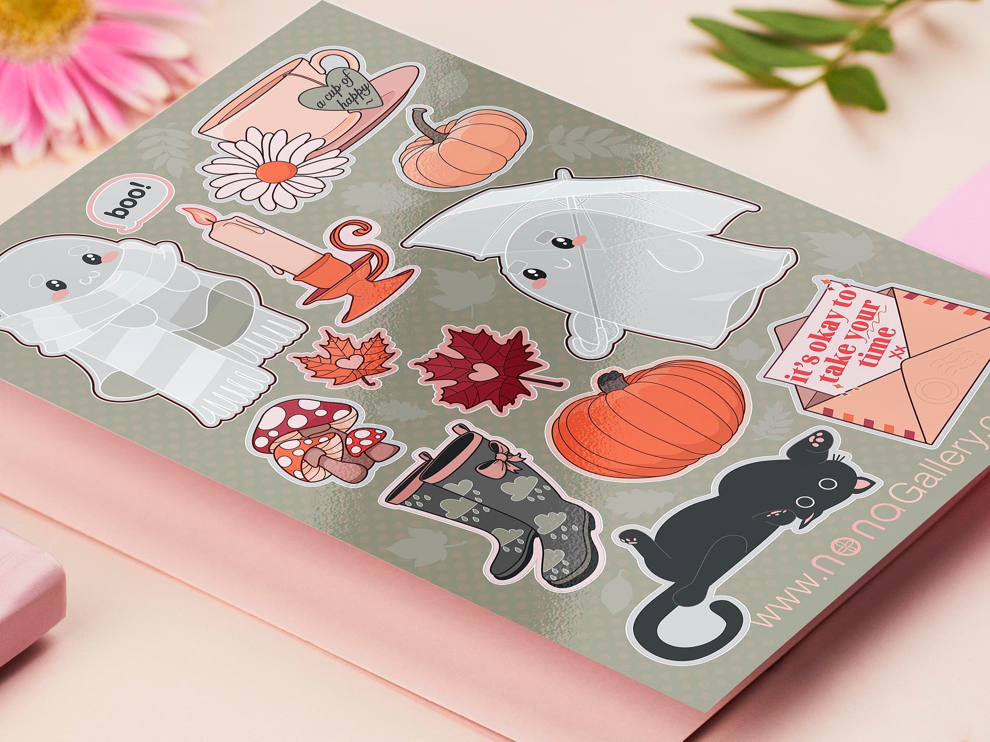 Large sticker sheet of digital illustration cartoon of ghosts, mushrooms, leaves, pumpkins, tea, wellington boots, black cats and other assorted autumn items