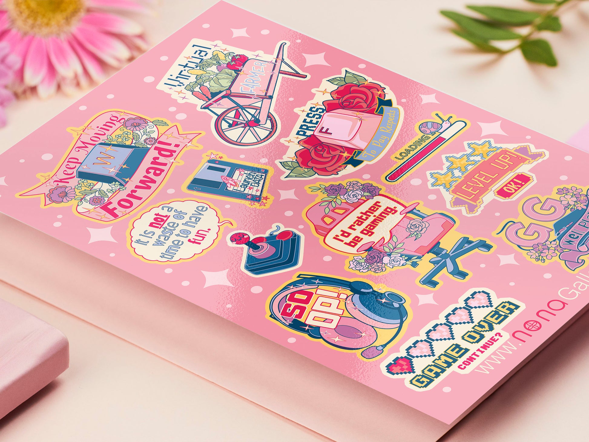 Large glossy sticker sheet with twelve various pc gaming inspired sticker designs.