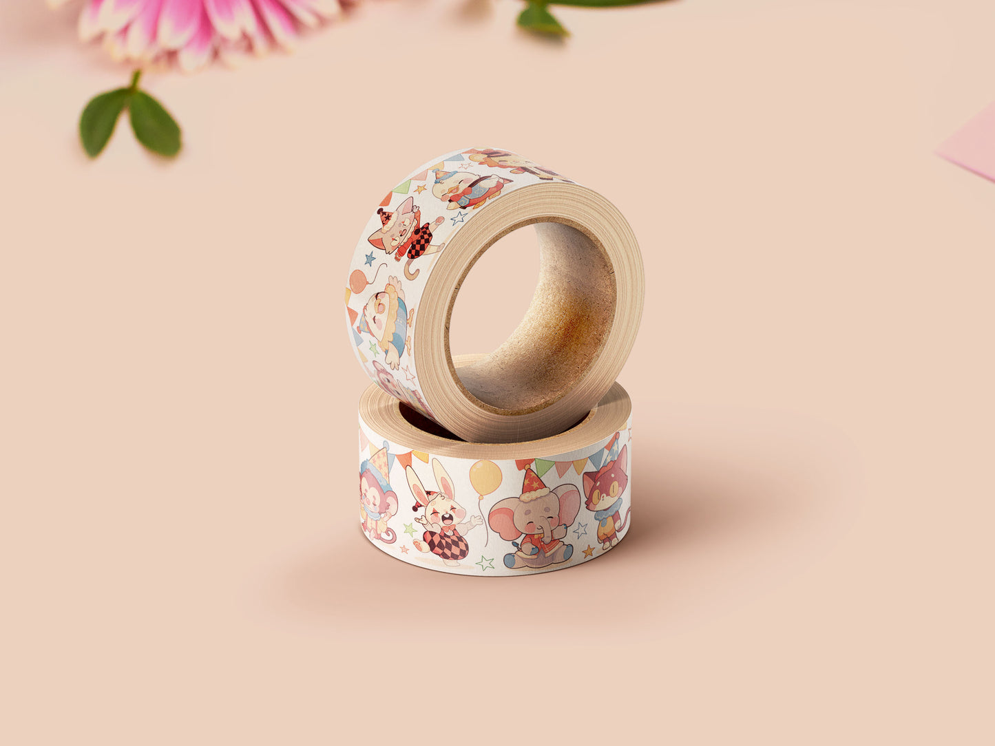 Decorative Washi tape with a cute baby party animal pattern.