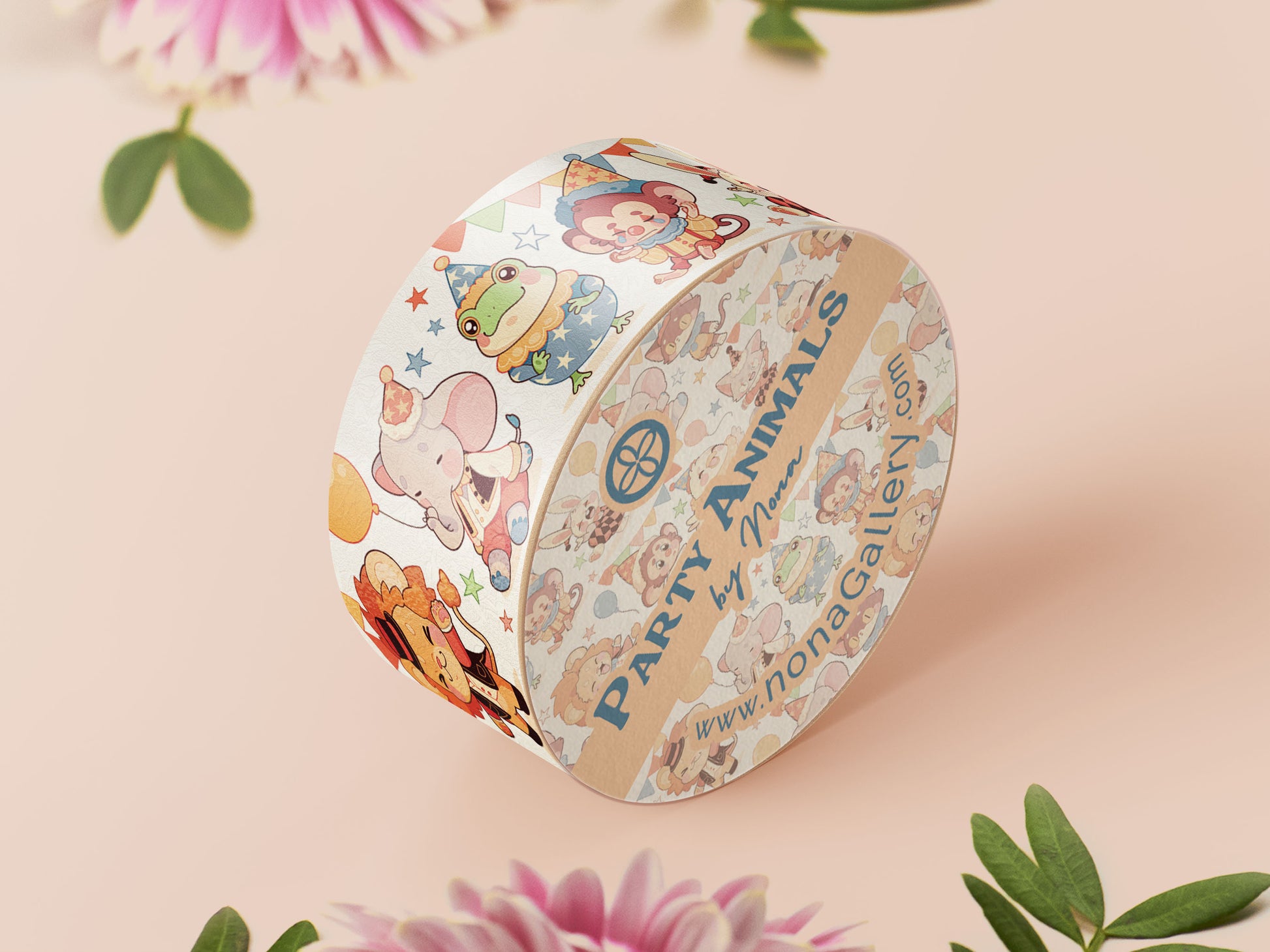 Decorative Washi tape with a cute baby party animal pattern.