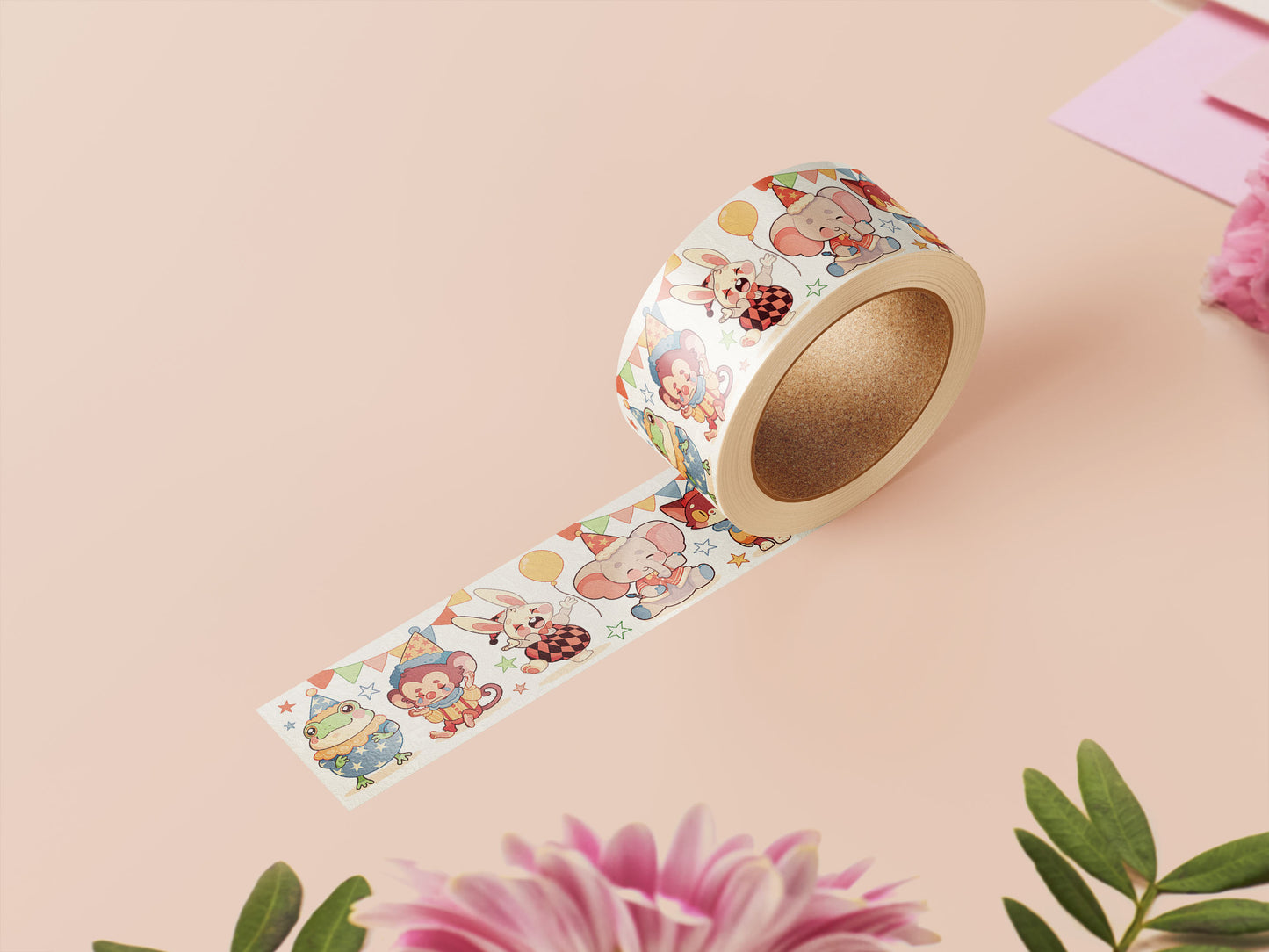 Decorative Washi tape with a cute baby party animal pattern.