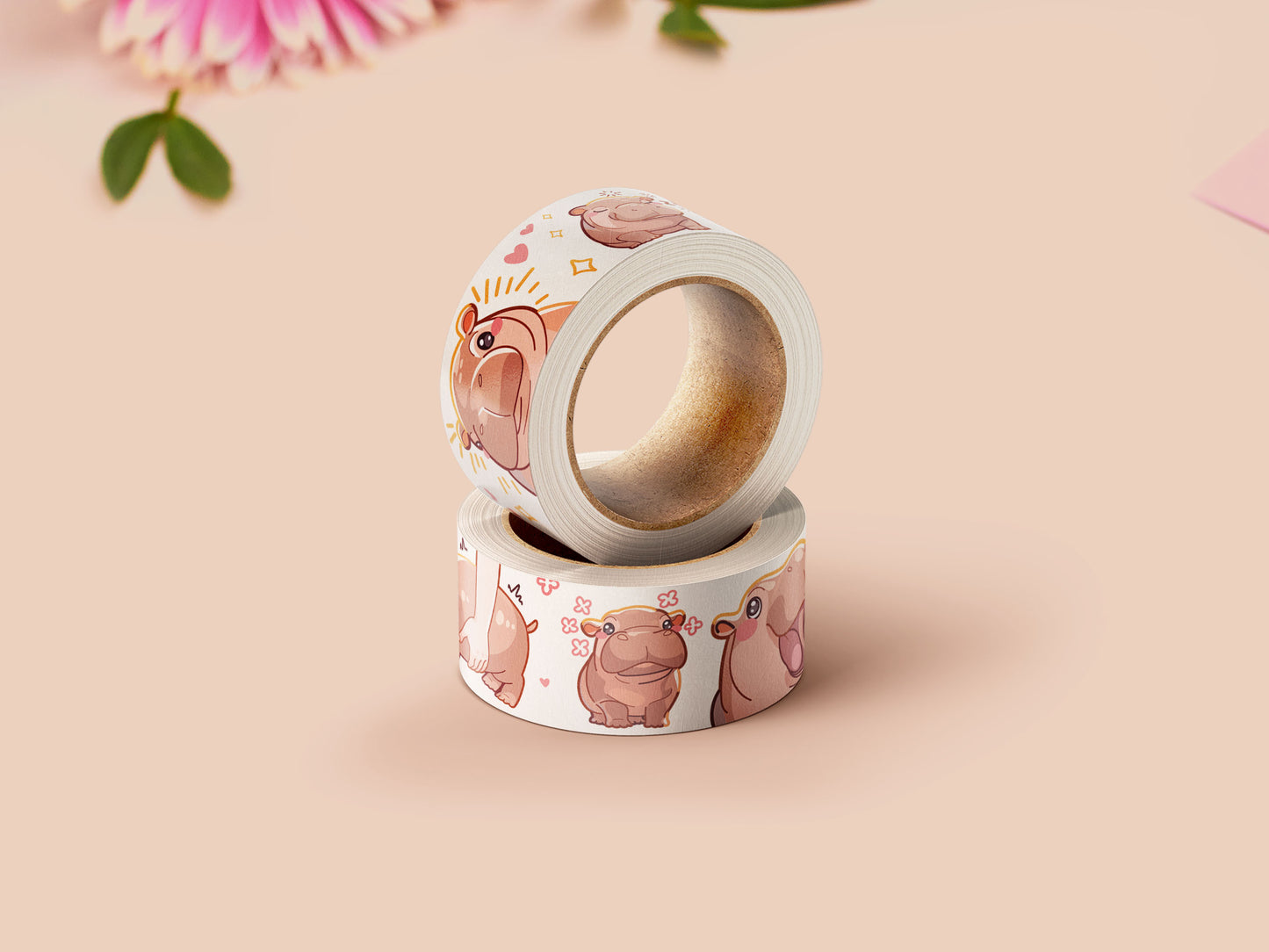 Cute baby pygmy hippo Moo Deng pattern washi tape.