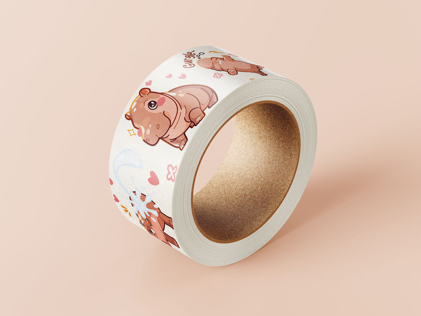 Cute baby pygmy hippo Moo Deng pattern washi tape.