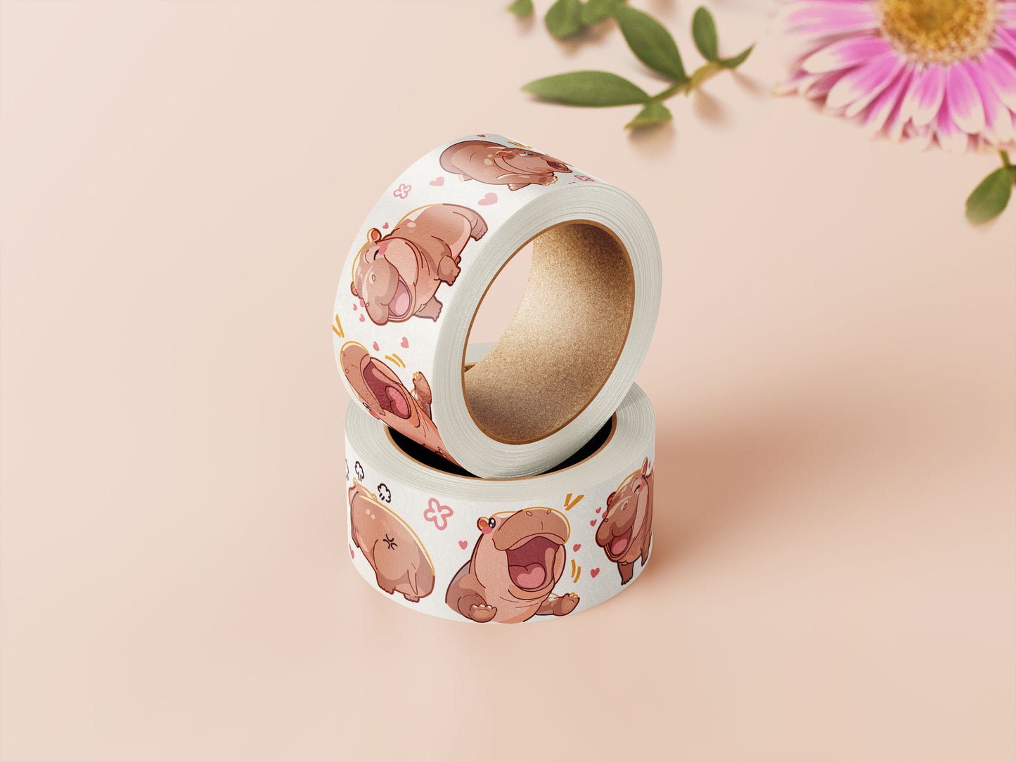 Cute baby pygmy hippo Moo Deng pattern washi tape.
