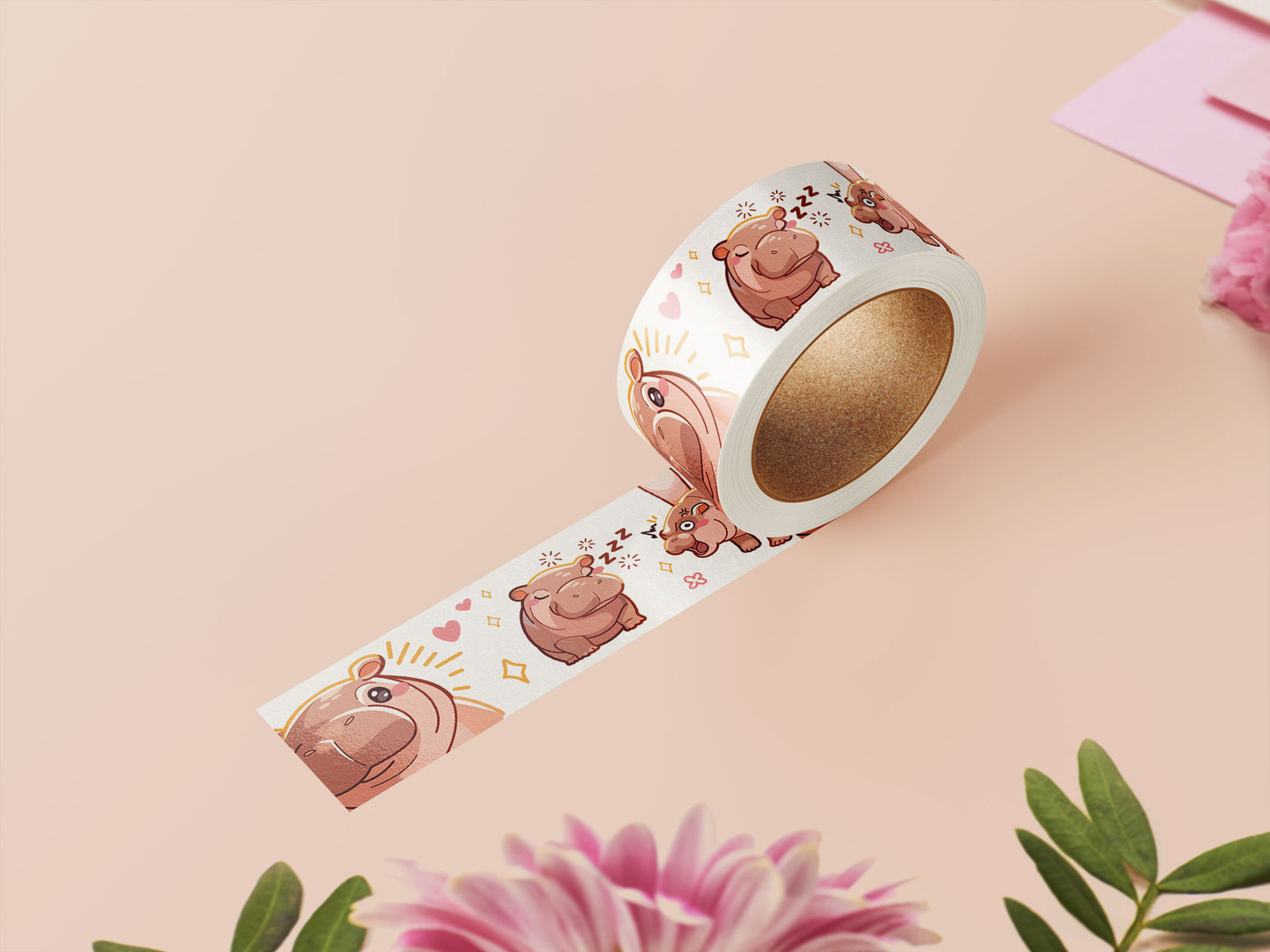 Cute baby pygmy hippo Moo Deng pattern washi tape.