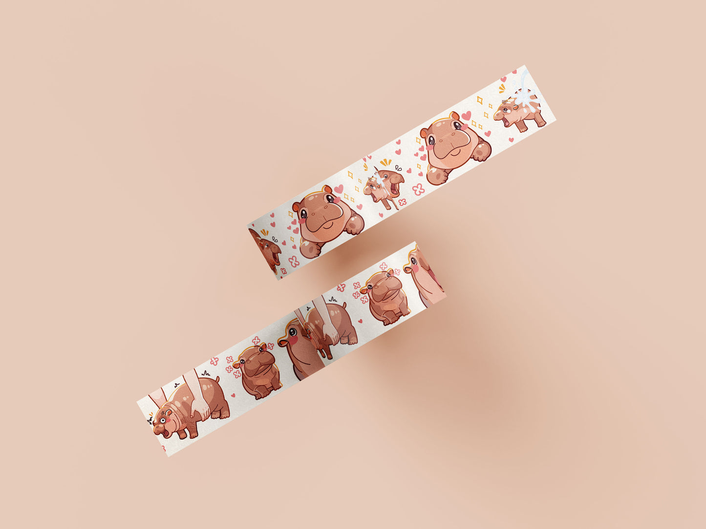 Cute baby pygmy hippo Moo Deng pattern washi tape.
