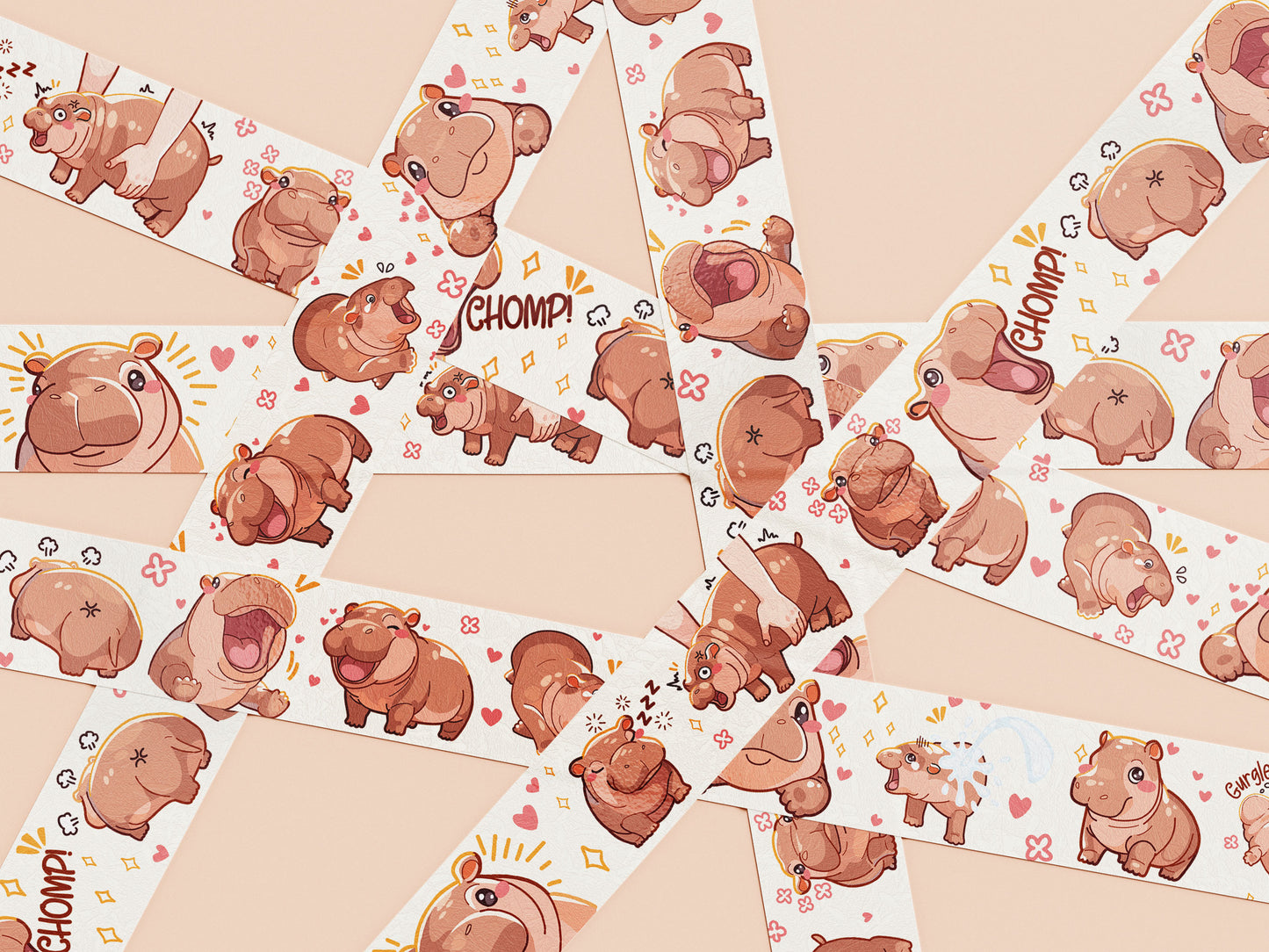 Cute baby pygmy hippo Moo Deng pattern washi tape.