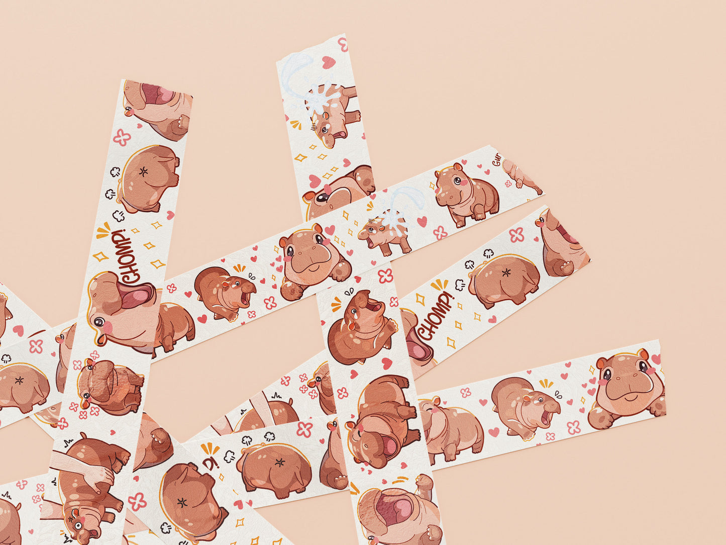 Cute baby pygmy hippo Moo Deng pattern washi tape.